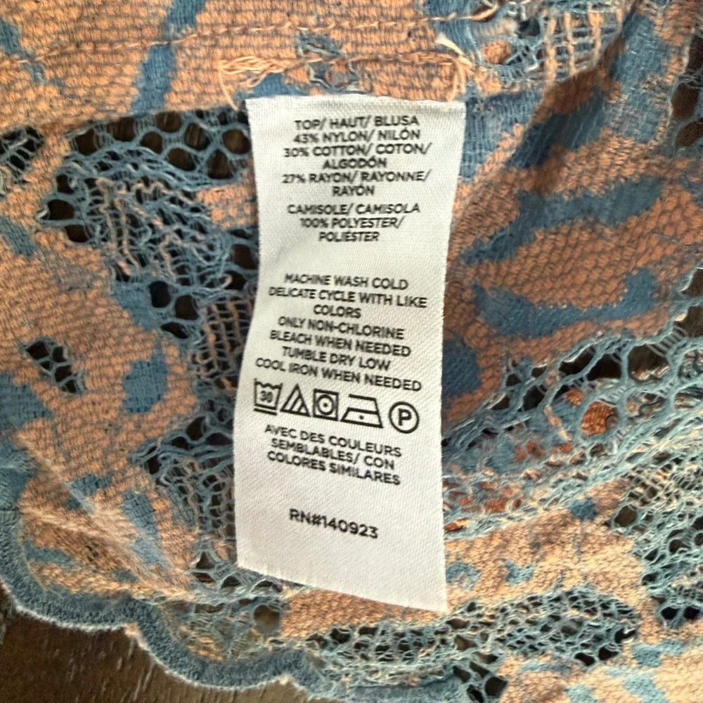 LOFT Womens Blue Peach Floral Lace Mock Neck Long Sleeve Blouse Small